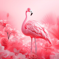 Pink flamingo with flowers - Generative AI