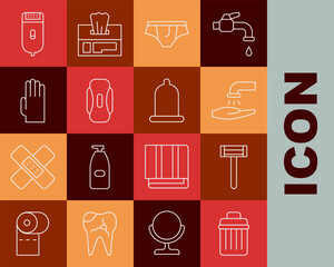 Set line Trash can, Shaving razor, Washing hands with soap, Underwear, Sanitary napkin, Rubber gloves, Electrical hair clipper shaver and Condom icon. Vector