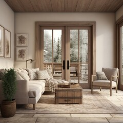  Interior design of cozy modest living room with door to patio