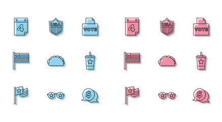 Set line American flag, Glasses with stars, Calendar date July 4, Coin money dollar, Taco tortilla, Paper glass straw, and Shield icon. Vector