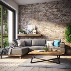 Interior design of modern apartment, living room with corner sofa over the white brick wall. Home interior with coffee table