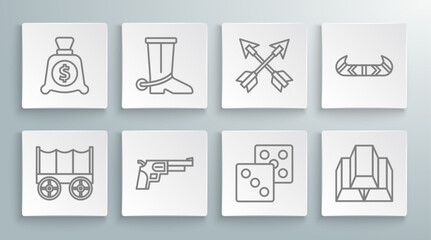 Set line Wild west covered wagon, Cowboy boot, Revolver gun, Game dice, Gold bars, Crossed arrows, Kayak or canoe and paddle and Money bag icon. Vector