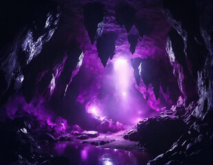 Mysterious underground cave with glowing crystals and river, dark underground landscape