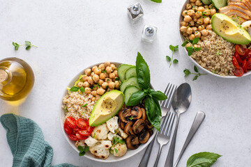 Healthy high protein lunch bowls, vegan and chicken options