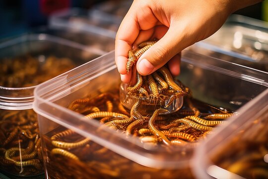 hands with maggots. bait for fishing