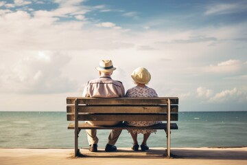 an old man and woman sitting on a bench by the water - Elderly Couple's Serene Waterside Retreat