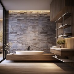 Interior design of modern bathroom with wooden and marble stone paneling wall