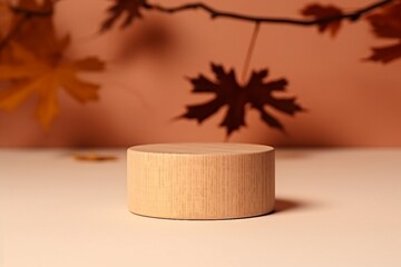 brown box made of precious wood, block, cylindrical podium, branch with maple leaves on a peach-colored background. conceptual autumn scene, stage showcase, product, promotion. generative ai.