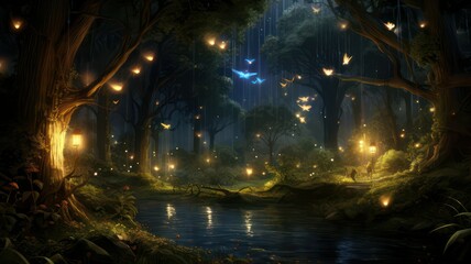 Obraz premium Enchanted forest with fireflies and a river created with Generative AI