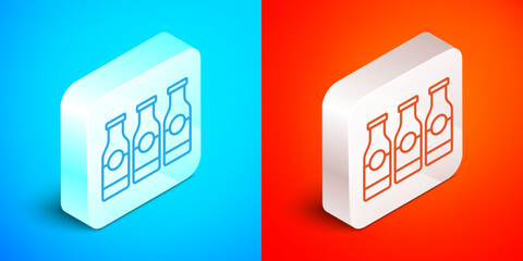 Isometric line Closed glass bottle with milk icon isolated on blue and red background. Silver square button. Vector