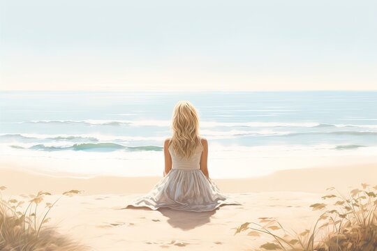 Drawing blonde girl sitting by seashore.