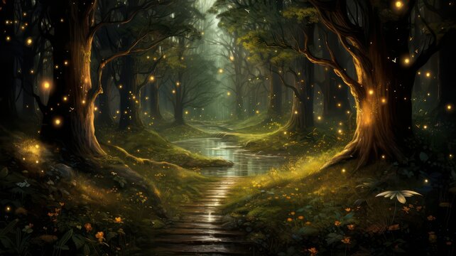 Enchanted forest with fireflies and a river created with Generative AI