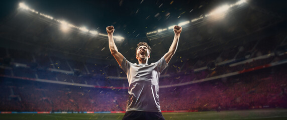  soccer players cheering in a large stadium - big horizontal poster panorama concept - obrazy, fototapety, plakaty