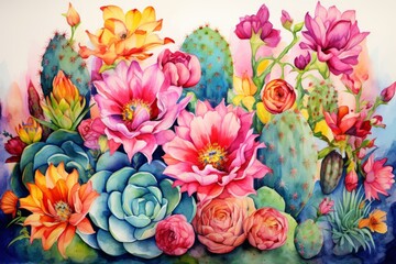 Watercolor cactuses. Generated AI.