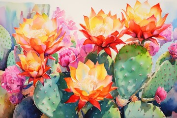 Watercolor cactuses. Generated AI.