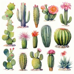 Watercolor cactuses. Generated AI.
