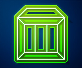 Glowing neon line Carton cardboard box icon isolated on blue background. Box, package, parcel sign. Delivery and packaging. Vector