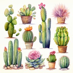 Watercolor cactuses. Generated AI.