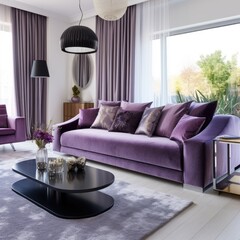  Interior design of modern living room with purple velvet sofa
