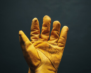 Open hand reaching out wearing an old worn work glove. Employment for blue collar workers, fair pay, or Labor Day concept.