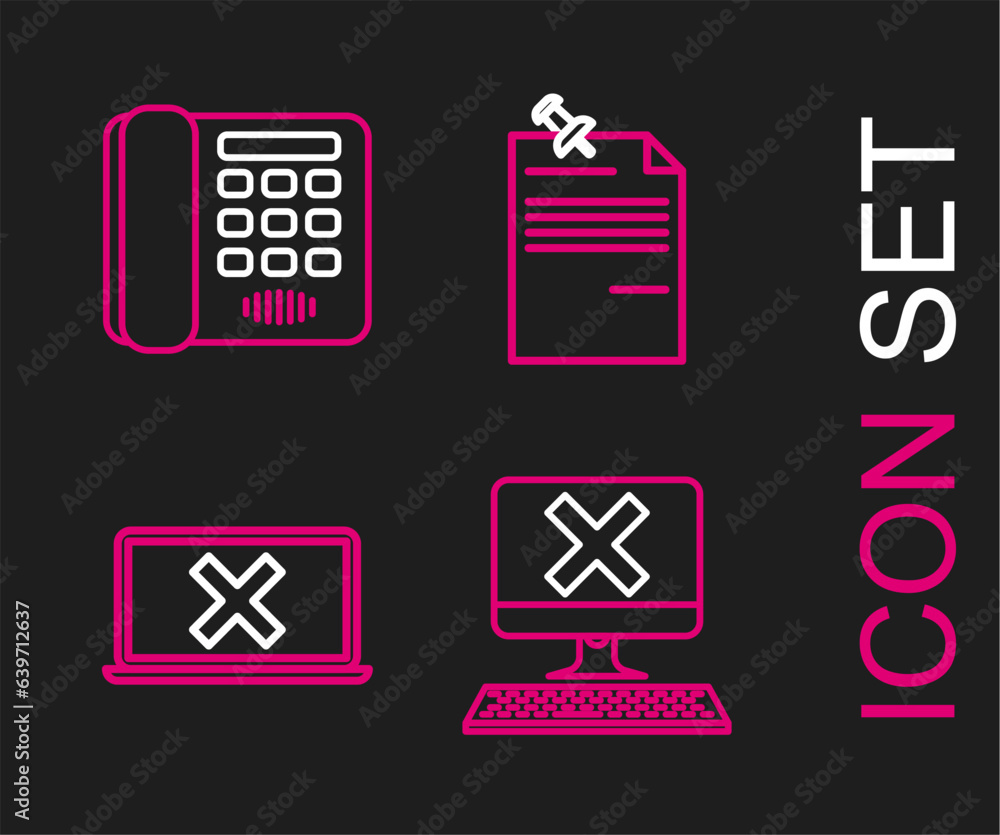Poster set line computer with keyboard and x mark, laptop cross on screen, note paper pinned pushbutton and