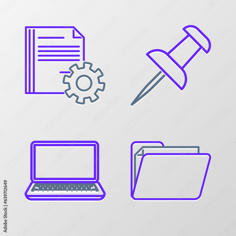 Poster set line document folder, laptop, push pin and settings with gears icon. vector