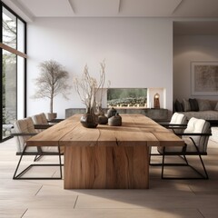  Interior design of modern living room with wooden table and chair
