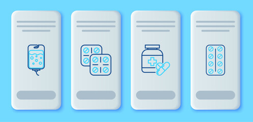 Set line Pills in blister pack, Medicine bottle and pills, IV bag and icon. Vector