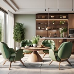  Interior design of modern living room with wooden table and green chairs