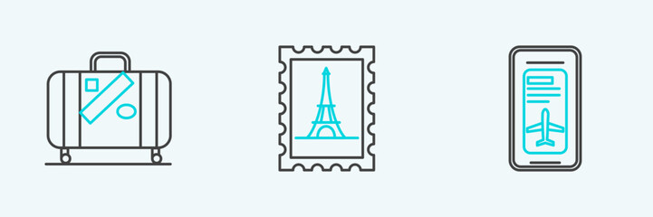 Set line Smartphone with electronic boarding pass airline ticket, Suitcase for travel and stickers and Postal stamp Eiffel tower icon. Vector