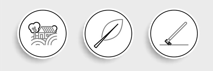 Set line Garden rake in work, Farm House concept and Leaf icon. Vector