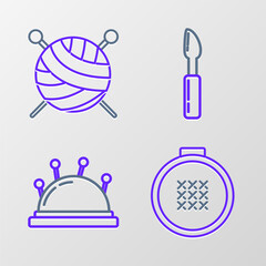 Set line Round adjustable embroidery hoop, Needle bed and needles, Cutter tool and Yarn ball with knitting icon. Vector
