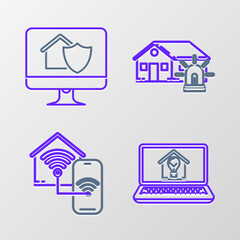 Set line Laptop with smart house and light bulb, Smart home wi-fi, alarm and Computer monitor under protection icon. Vector