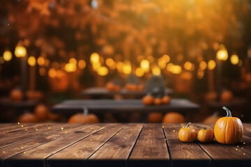 Fototapeta na wymiar Wooden table with pumpkins, with Halloween background