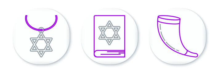 Set line Traditional ram horn, shofar, Star David necklace chain and Jewish torah book icon. Vector