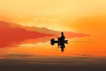 Drawing of silhouette of boat with fisherman at sunset.