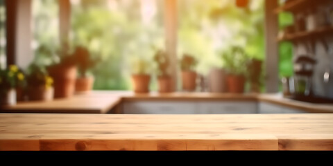 Wooden table with out-of-focus modern kitchen background