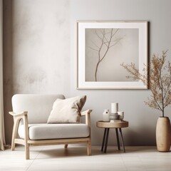 Interior of living room with coffee table and white beige fabric armchair, mock up poster on the wall