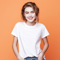 Obraz premium A woman Smiling on the camera wearing white tshirt in yellow background, agirl tshirt mockup 
