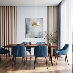 Interior of modern dining room, dining table and blue fabric chairs against beige wall