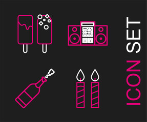 Set line Birthday cake candles, Champagne bottle, Home stereo with two speakers and Ice cream icon. Vector