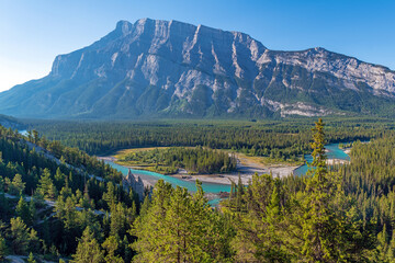 Bow river landscape with hoodoo rock formation, Banff national park, Alberta, Canada. - obrazy, fototapety, plakaty
