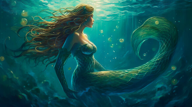 Beautiful mermaid siren undine of the sea with long tail. The mermaid swimming underwater in the deep blue sea. Fantasy woman real mermaid. Myth mystic magic fairy tale concept.
