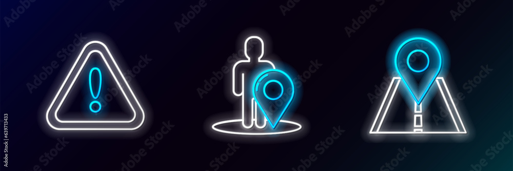 Poster set line road traffic sign, exclamation mark in triangle and map marker with silhouette of person ic