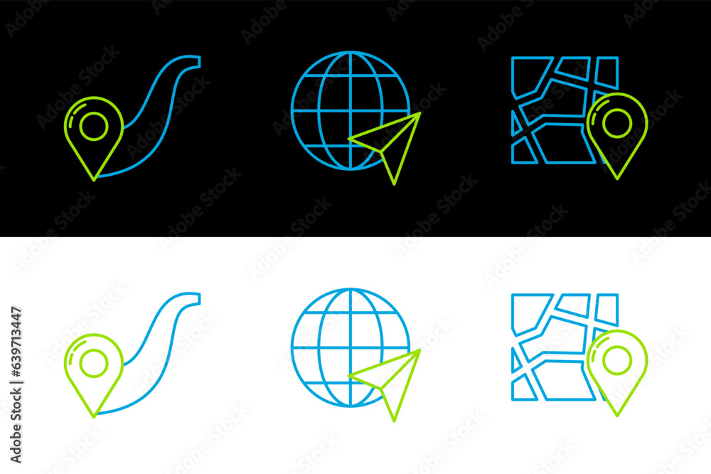 Poster set line folded map with location marker, route and location the globe icon. vector