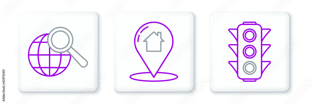 Poster set line traffic light, magnifying glass with globe and map pointer house icon. vector