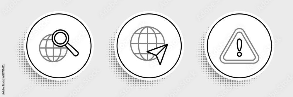 Poster set line exclamation mark in triangle, magnifying glass with globe and location the icon. vector