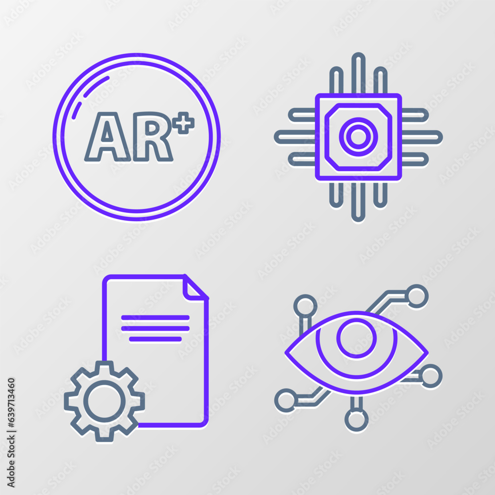 Poster set line virtual reality, file document, processor and ar, augmented icon. vector