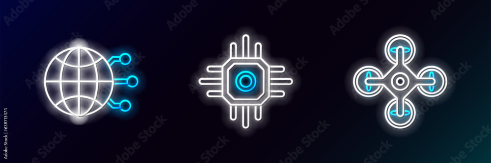 Poster set line drone, global technology or social network and processor icon. glowing neon. vector