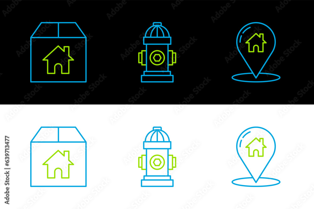 Poster set line map pointer with house, cardboard box and fire hydrant icon. vector